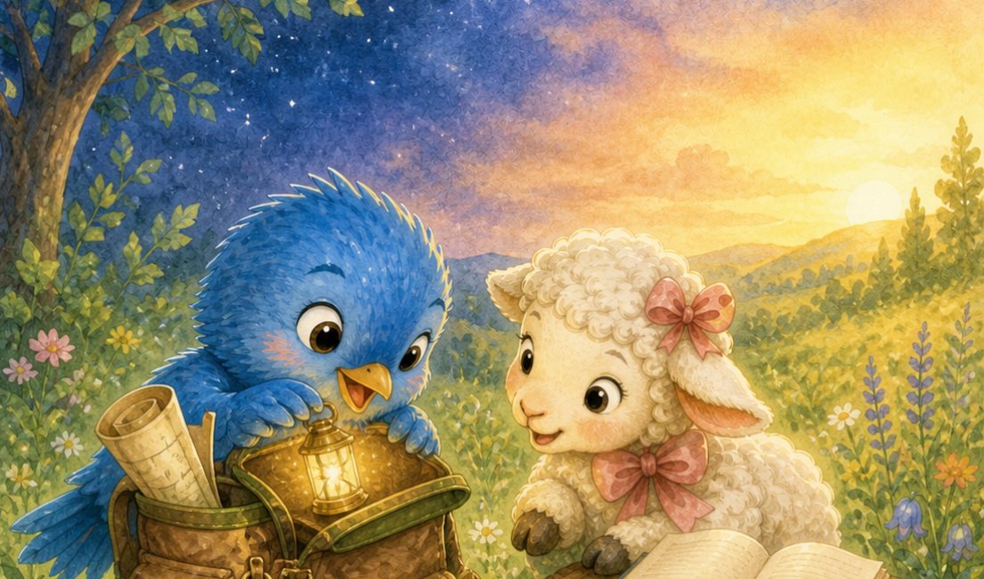 Scout the Bluebird and Lily the Lamb in a sunlit meadow